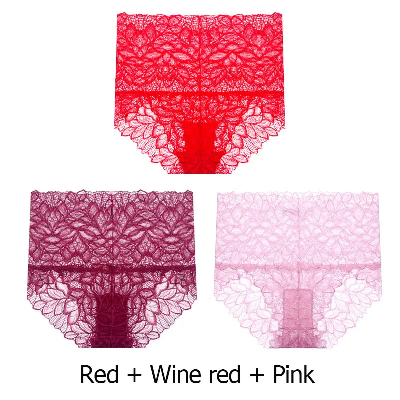 red pink wine red 3 шт./партия, женские трусики, сексуальное нижнее белье, дышащие, с высокой талией, трусики для женщин, хлопок, промежность, женские кружевные трусики - Цвет: red pink wine red