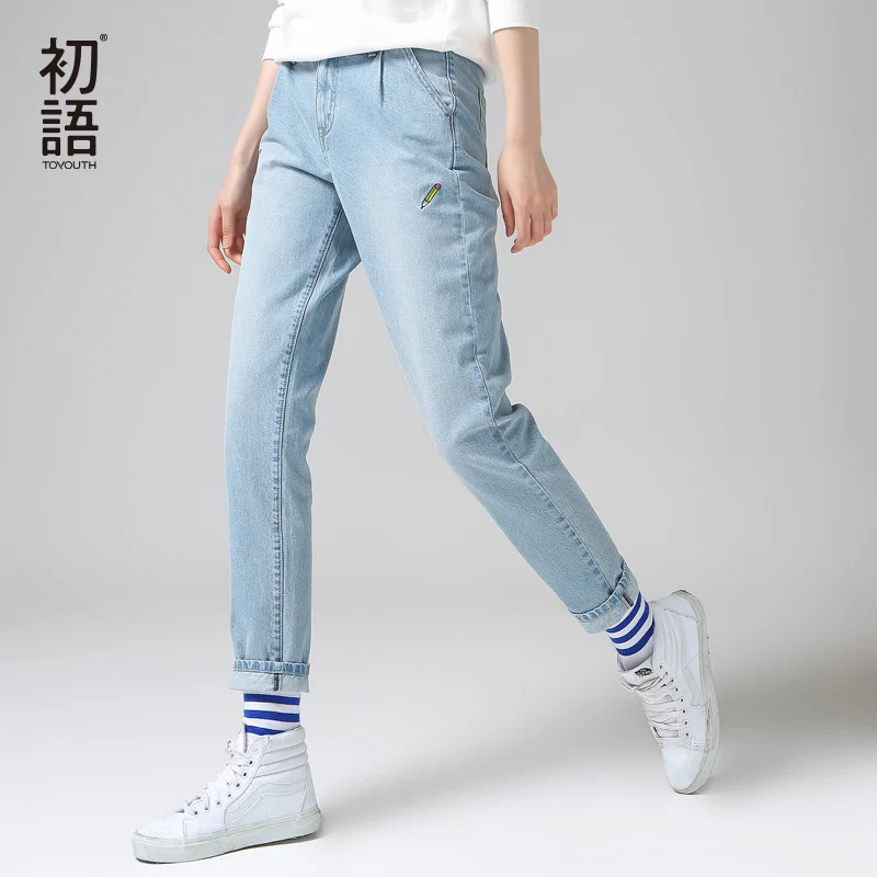Toyouth Denim Jeans Women 2018 New Pattern Embroidery Ladies Mid-Waist Full Length Slim Casual Pants | Женская одежда