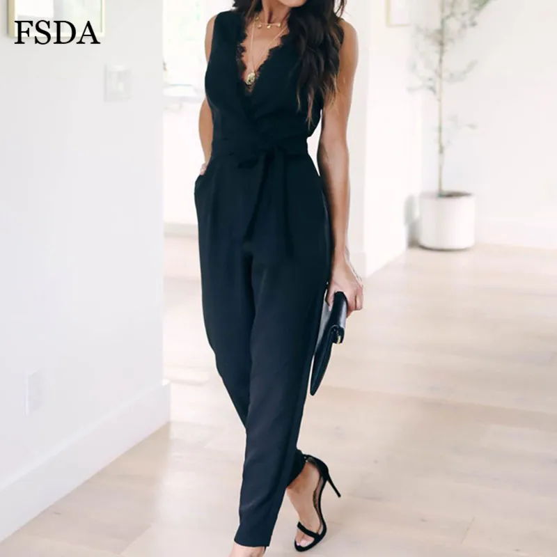 Женский кружевной комбинезон FSDA черный повседневный с глубоким треугольным