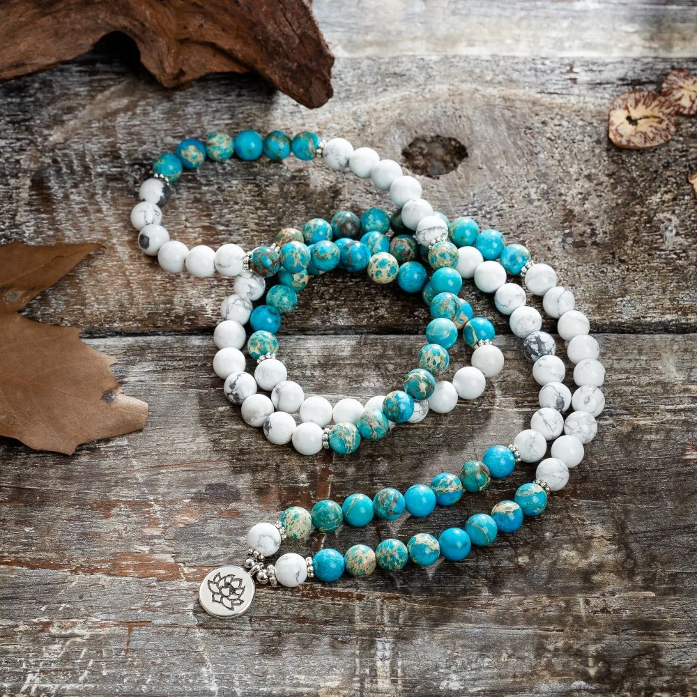 Howlite синие регалитовые камни буддийский религиозный Браслеты Многослойные Lotus Tree