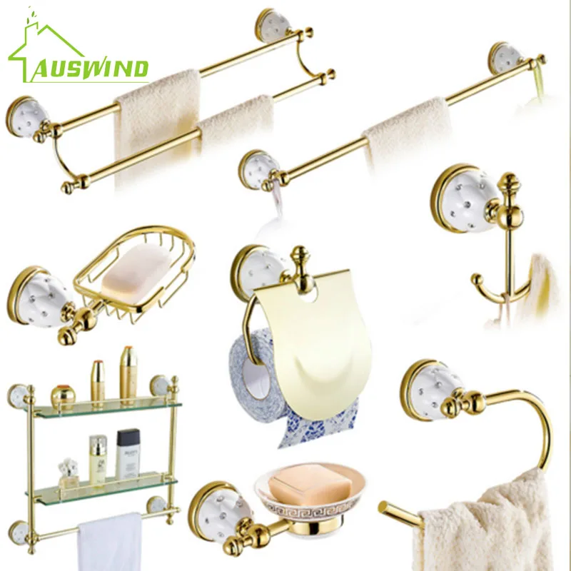 diamond star bathroom accessories set solid brass gold wall mounted bathroom crystal ceramic base bathroom products free global shipping