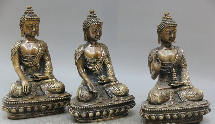 9 &quotТибет Медь Шакьямуни Амитабха дракон халат западные 3 статуя Будды набор r0710