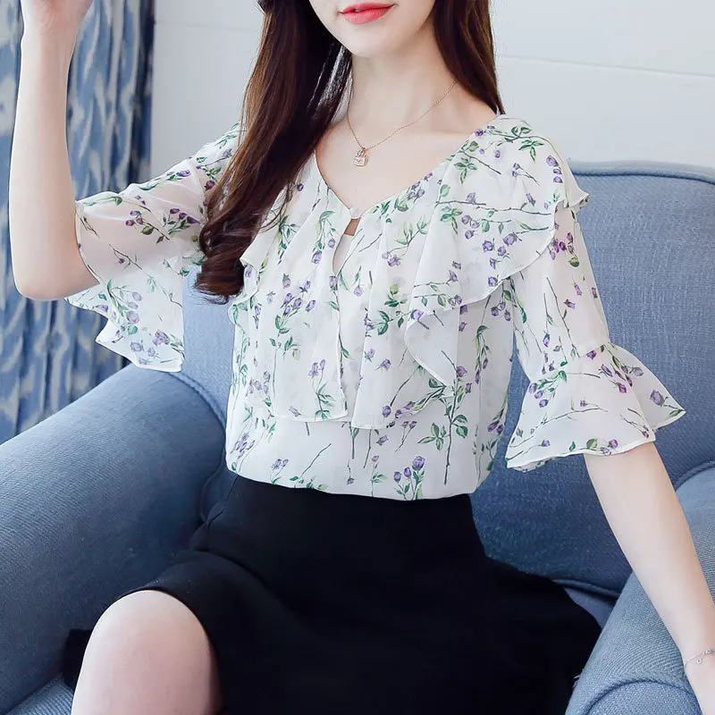 Летняя шифоновая блузка с цветочным принтом гофрированный воротник v образный