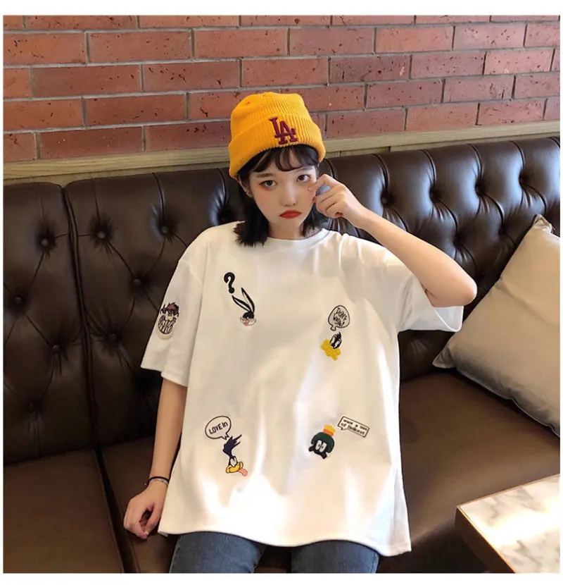 summer Women embroidery Loose t-shirt Casual Oversize T-shirt Femme Short Sleeve O-neck Tops Streetwear Harajuku Tshirts
