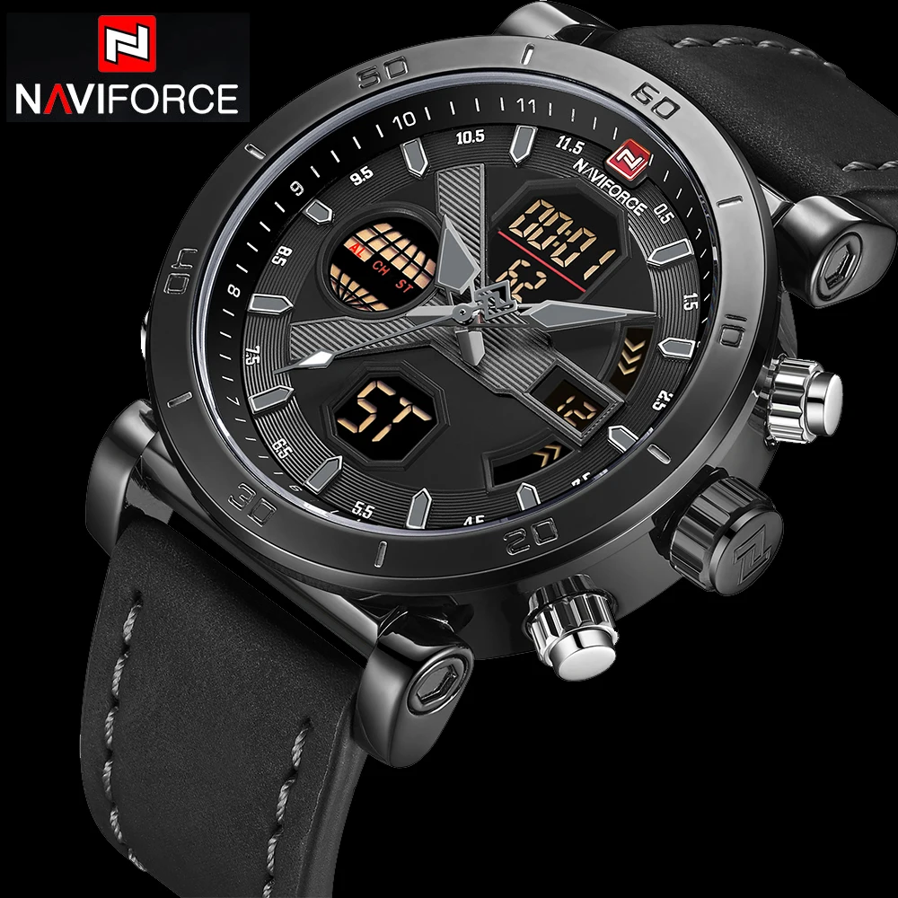 NAVIFORCE мужские спортивные часы с кожаным ремешком водонепроницаемые аналоговые