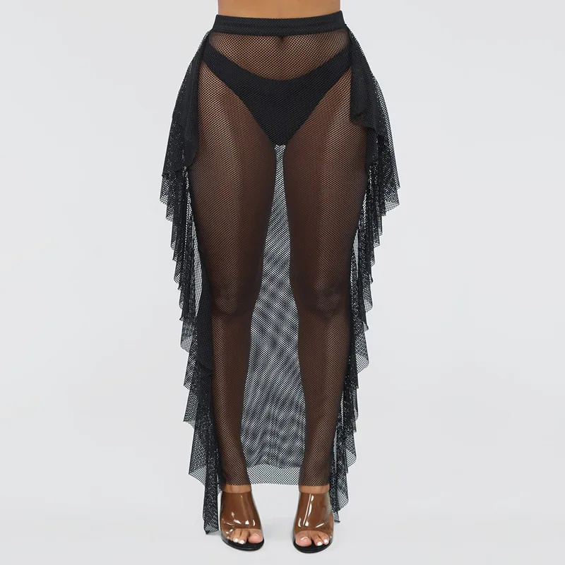 BOOFEENAA Sexy Black Mesh Ruffles Long Skirt Beach Bottoms See Through High Waist Pencil Skirts Womens Summer C66-AZ30