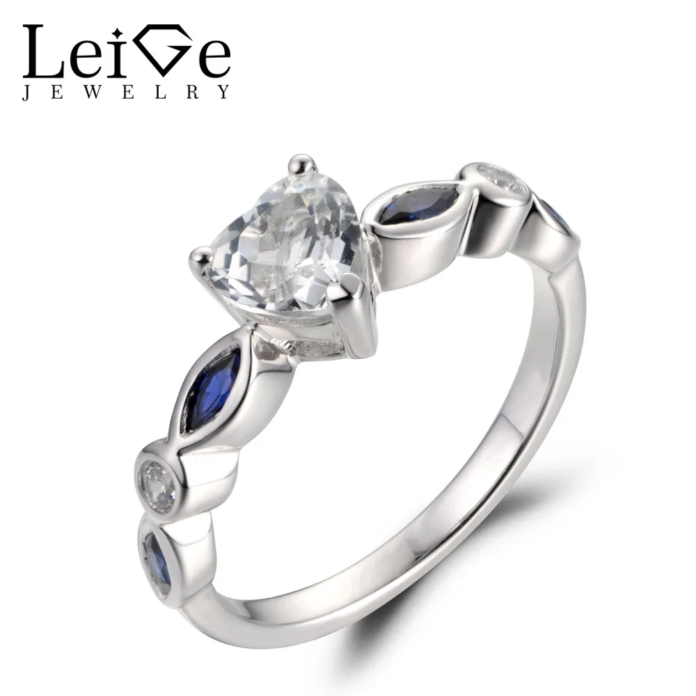 

LeiGe Jewelry Natural White Topaz Rings Heart Shape Gems Ring November Birthstone Solid 925 Sterling Silver Wedding Gift for Her