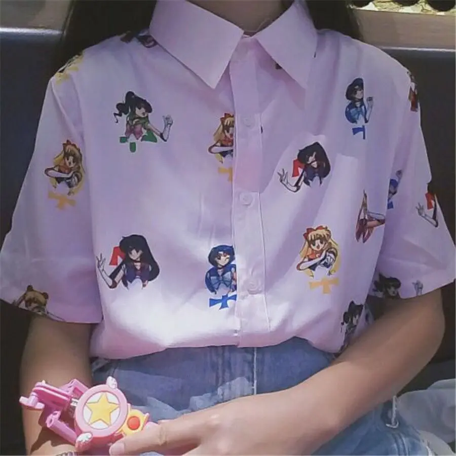 Сейлор Мун Косплей каваи негабаритных Блузка Harajuku Топ аниме для женщин девочек рубашка с коротким рукавом Сатурн Венера Нептун подарки на Рождество