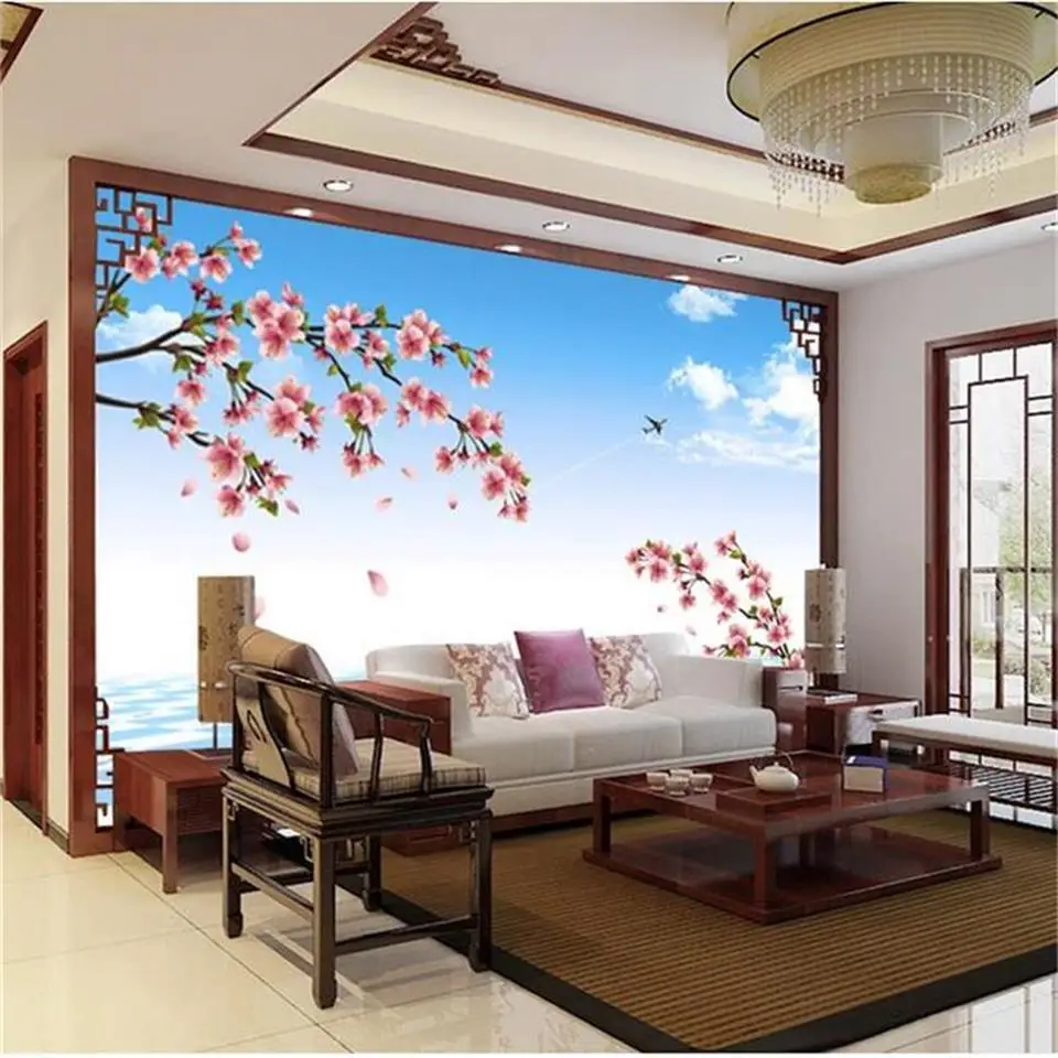 3d обои фотообои на заказ Фреска гостиная персиковый цветок весенний пейзаж