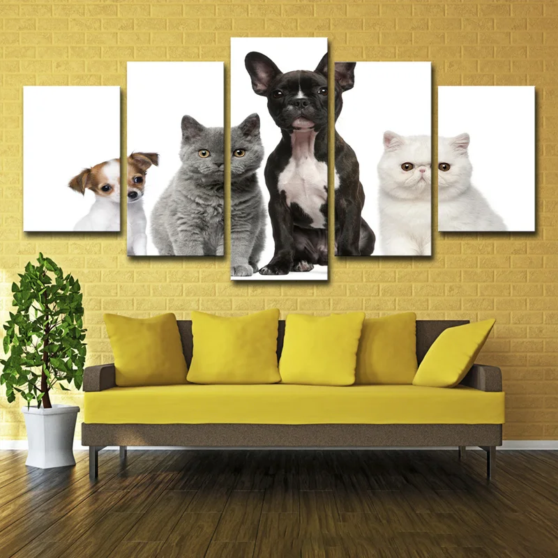 

Modern Unframed HD Picture Print Pet Home Decor Canvas Painting 5 Pieces Cute Dog and Cat Animal Poster for Living Wall Decor