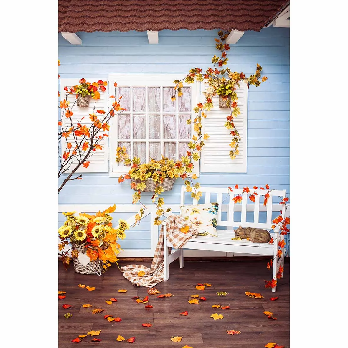 Allenjoy виниловые Фото фоны осенние листья жизнь Стиль окно скамейка кошки фон