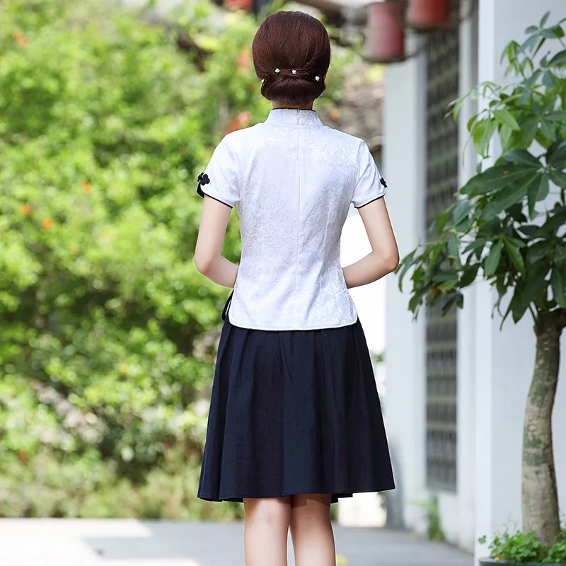 Лето 2017 Женский Ретро Улучшенный костюм Тан топ вышитый косой лацкан на молнии