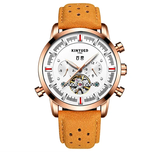 Gold White Brown KINYUED Для мужчин s лучших брендов механические часы Роскошные Perpetual Tourbillon автоматические часы Для Мужчин Скелет календарь Relogio Masculino - Цвет: Gold White Brown