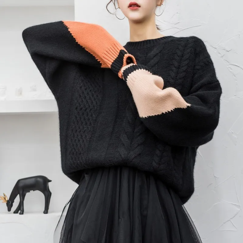 TWOTWINSTYLE Patchwork Knitting Sweater For Women Long Sleeve Hollow Out Hit Colors Pullover Female 2019 Autumn Casual Fashion | Женская