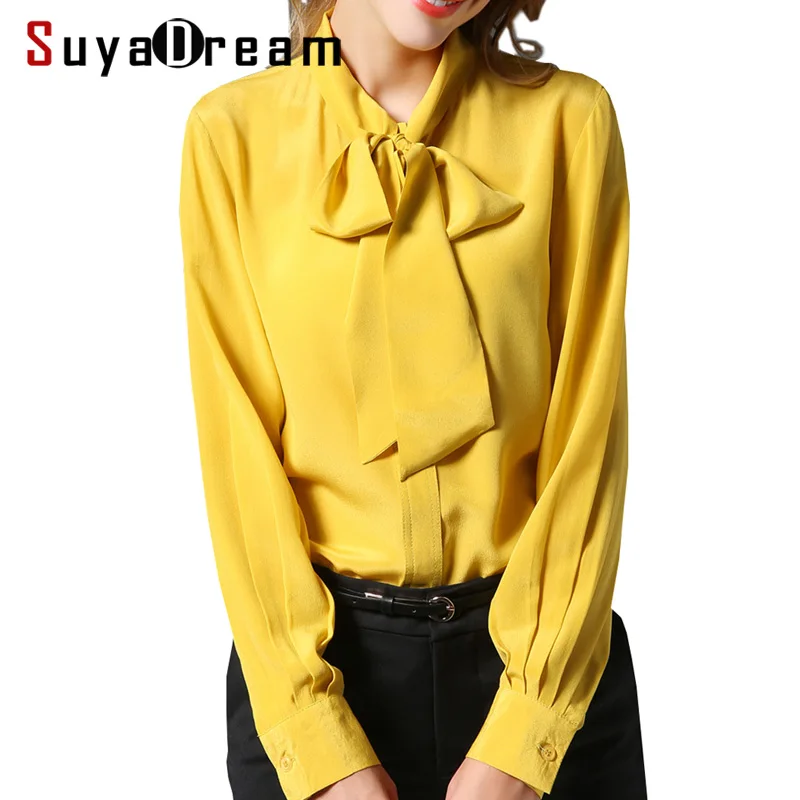 

Women SILK SHIRT 100%Natural silk Bow Collar Long sleeved casual Shirt 2018 Fall Winter New Office Lady Top shirt Red Ginger