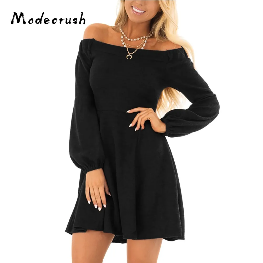 Modecrush Для женщин Сексуальная Слэш шеи зимнее платье винтажное с рукавами