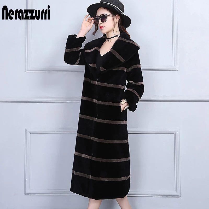 Nerazzurri Winter Long Striped Thick Warm Real Lamb Wool Fur Coat Women Runway Fashion Genuine Shearing Sheep Fur Overcoat 2022