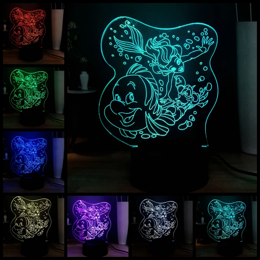 Новый 3D иллюзия мультфильм лампа Русалочка 7 цветов Изменение USB пульт