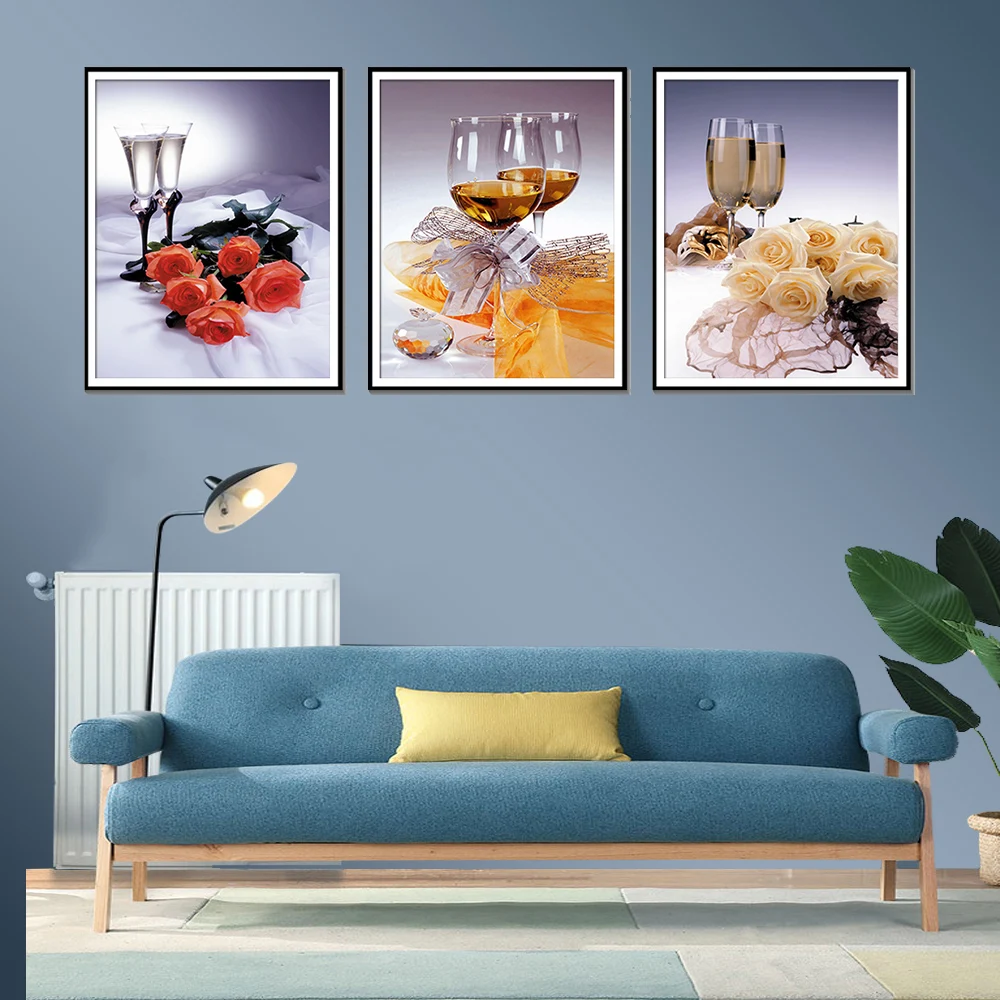 Три wall art печатные изображения hd стеклянный стакан для полоскания рта вино холст