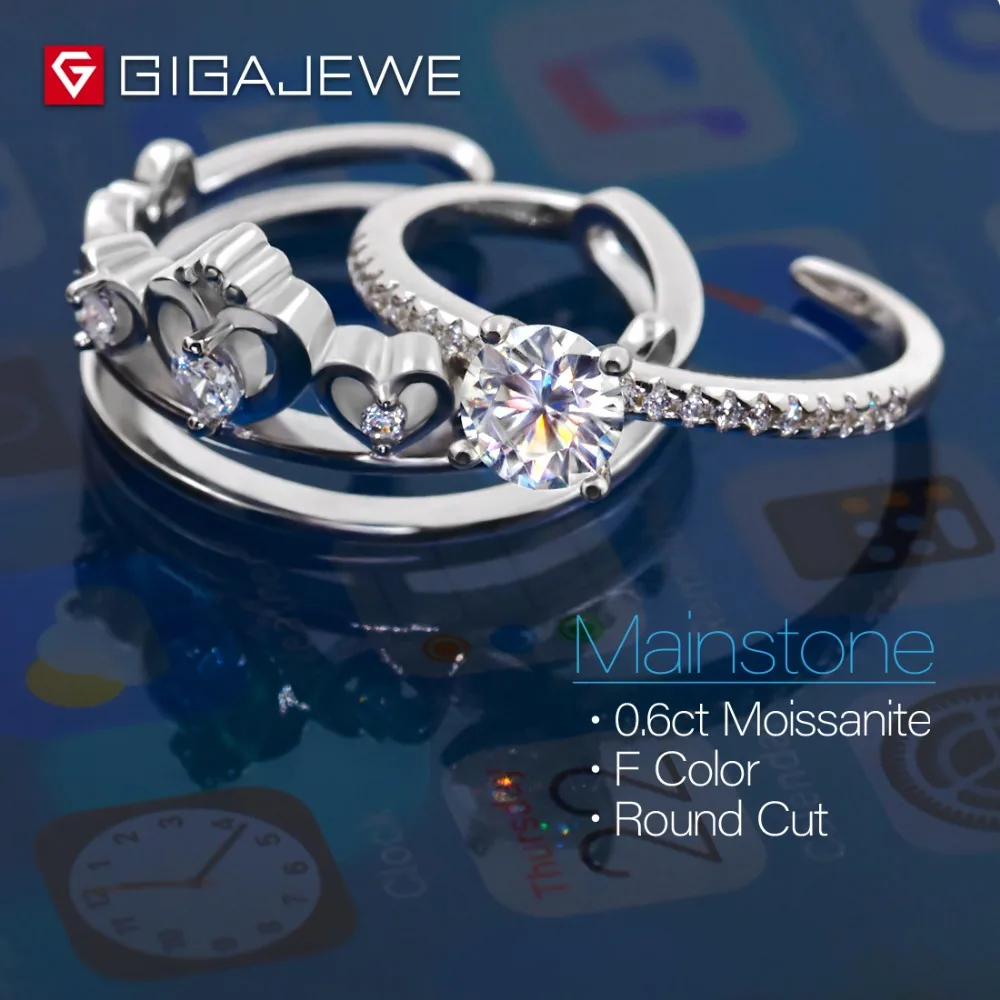 GIGAJEWE Moissanite кольцо 0.6ct 5,5 мм круглая огранка F цвет 925 серебро золото многослойное покрытие модный символ любви подарок подруге