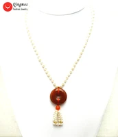qingmos natural pearl necklace for women with 6 7mm white round pearl 30mm donuts shape red agates pendant necklace jewelry