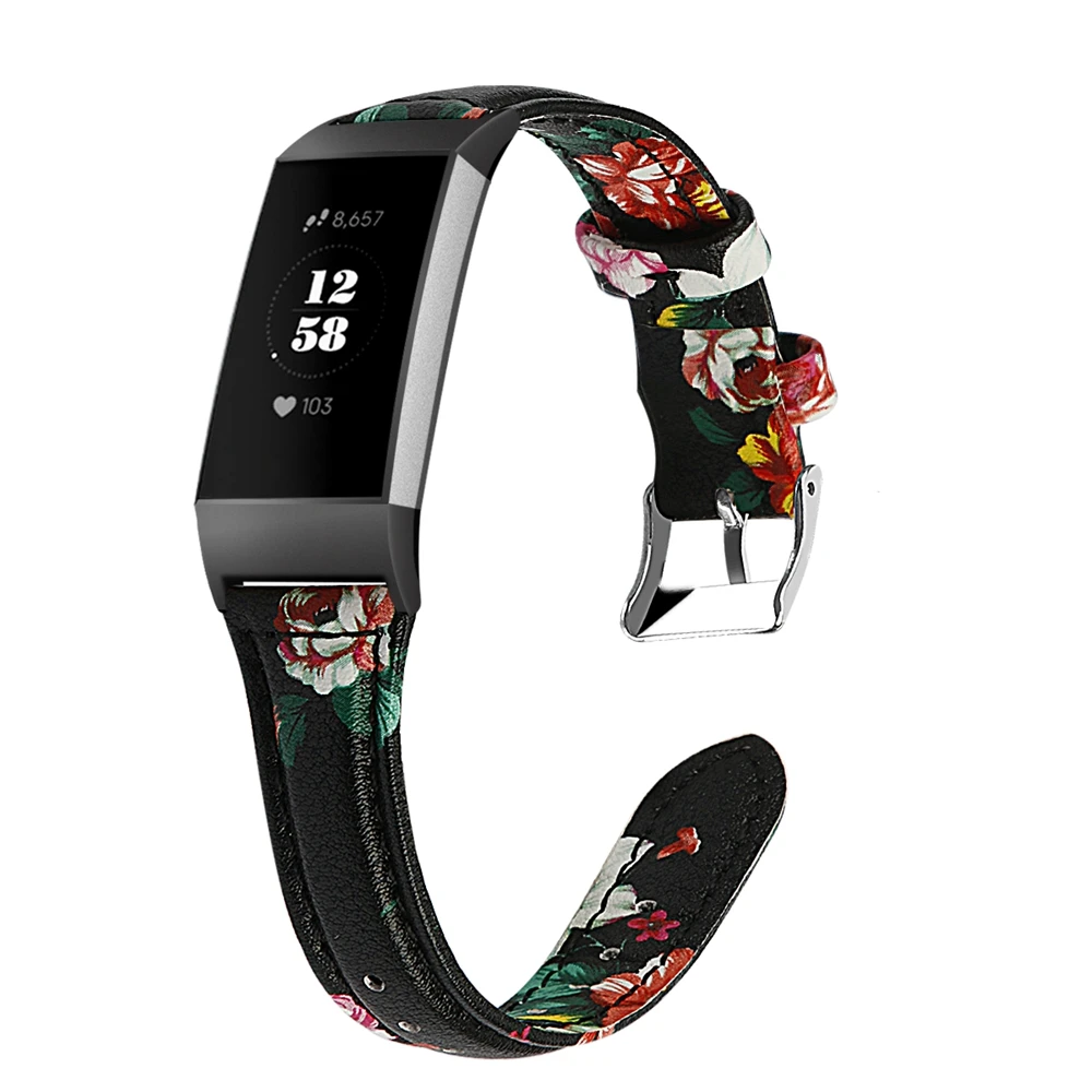 Red Flower Hangrui для Fitbit Charge 3 цветочный узор Fitbit Charge 3 Band натуральная кожа часы ремешок Замена для девочек женщин дамы - Цвет: Red Flower