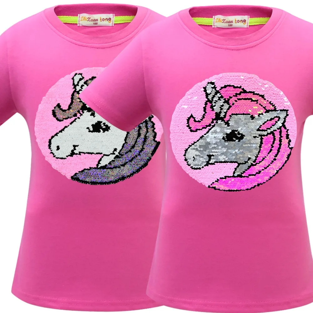 Футболка с единорогом летняя одежда для маленьких девочек Camiseta Unicornio, футболка топы для девочек, Femme, Детская футболка, Enfant, для дня рождения, цветная, с блестками