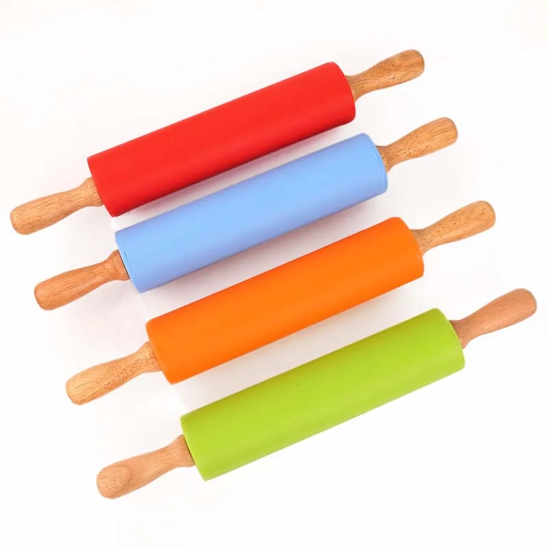 High Quality Strong Durable Silicone Wood Rolling Pins Safety Non-toxic Kitchen Baking Tolls for Home 4 Colors 20E |