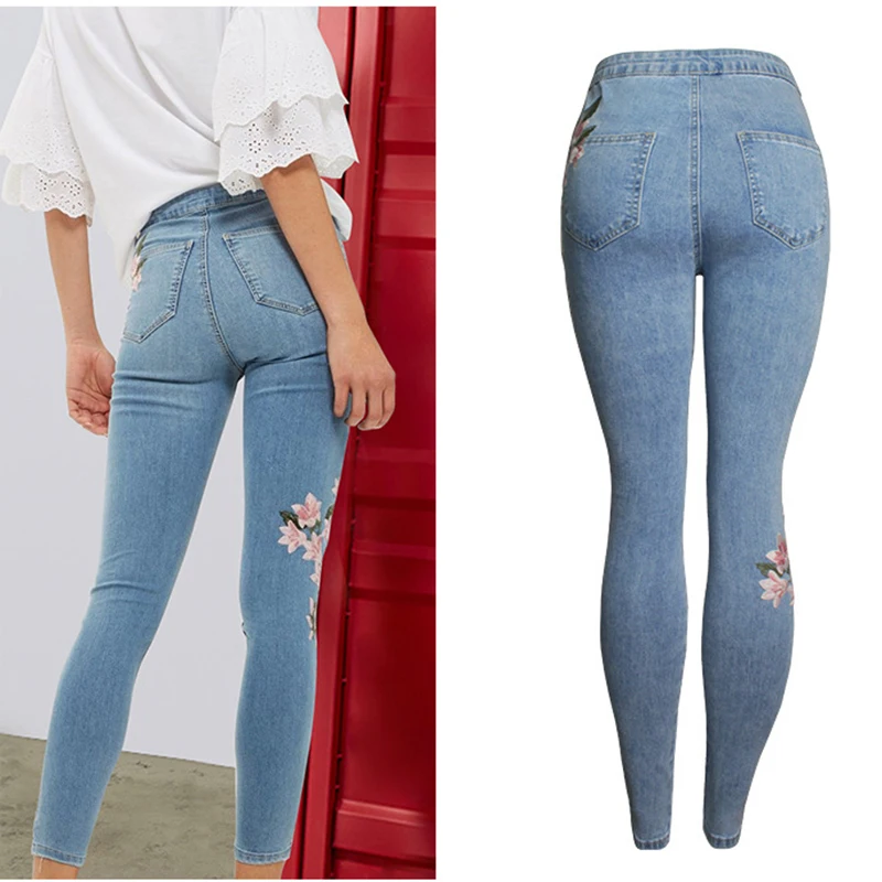 CbuCyi Сезон весна Модная женская обувь с вышивкой узкие джинсы размера плюс