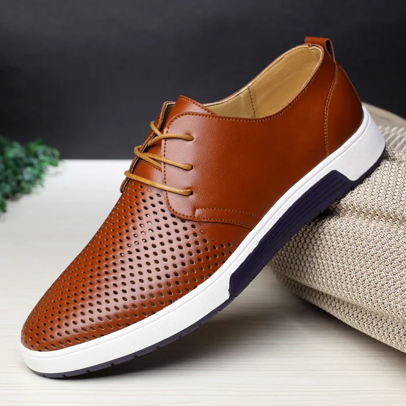 Misalwa 2021 Summer Men Leather Casual Shoes Big Size Hollow Lace-up Breathable Flats Free Drop Shipping | Обувь