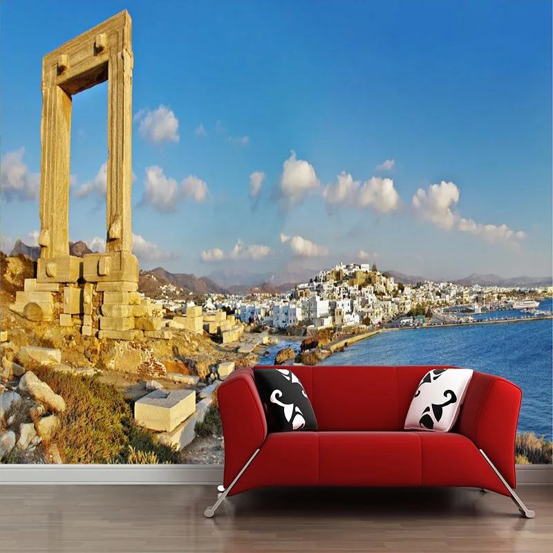 

large 3D customized mural European Nostalgia seaview painting with old building behind TV sofa as background in living room