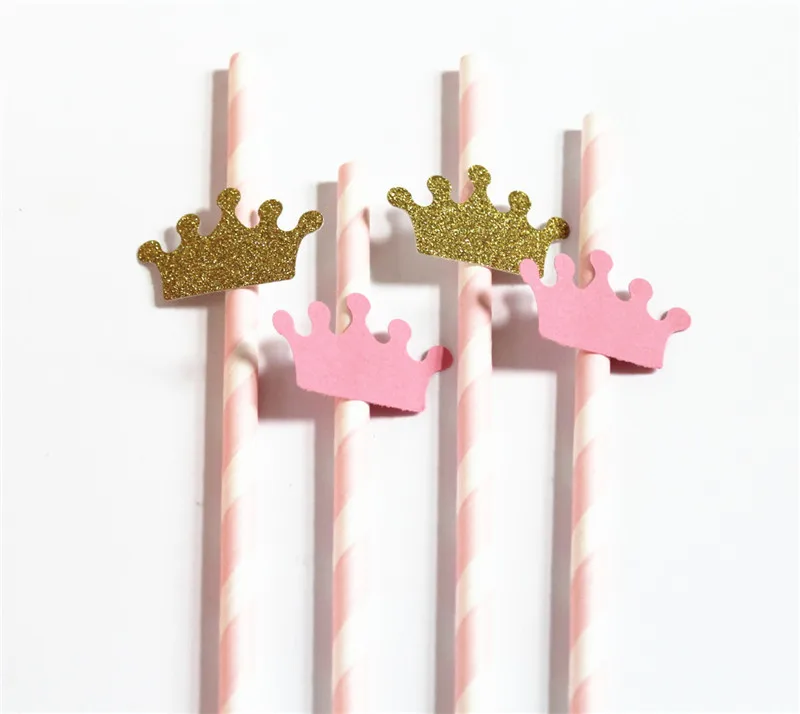 Соломинки розовые и золотые с коронами для вечерние ринки принцессы