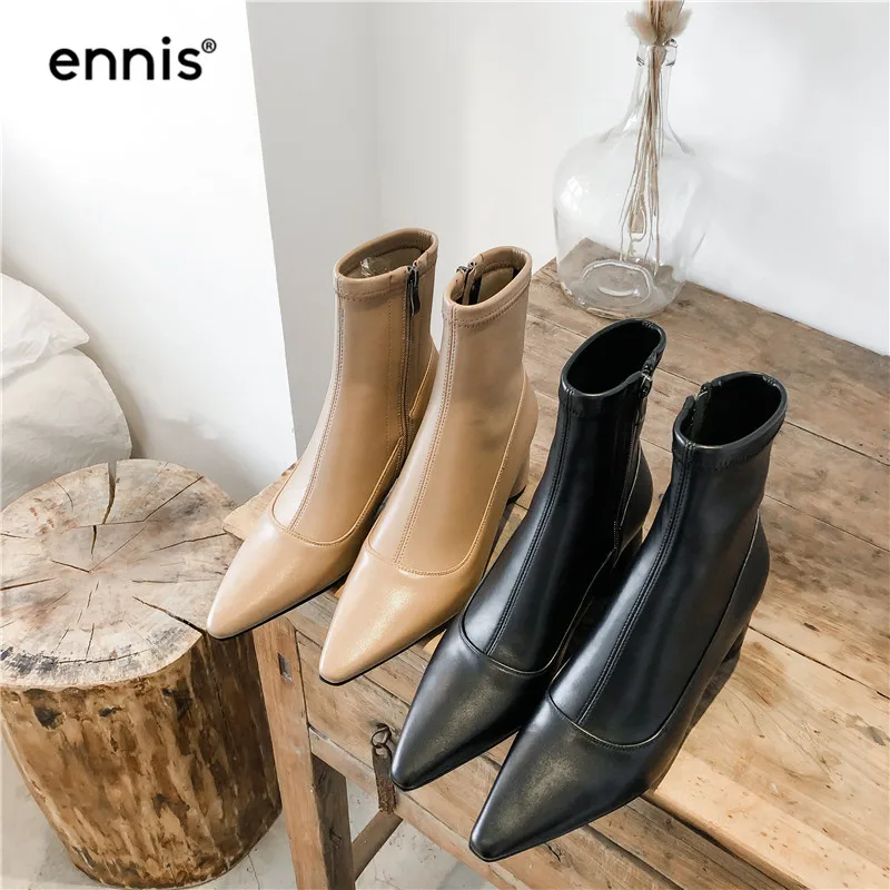 ENNIS Fashion Stretch Ankle Boots Women High Heel Boots Genuine Leather Boots Pointed Toe Shoes Autumn Winter Black A985
