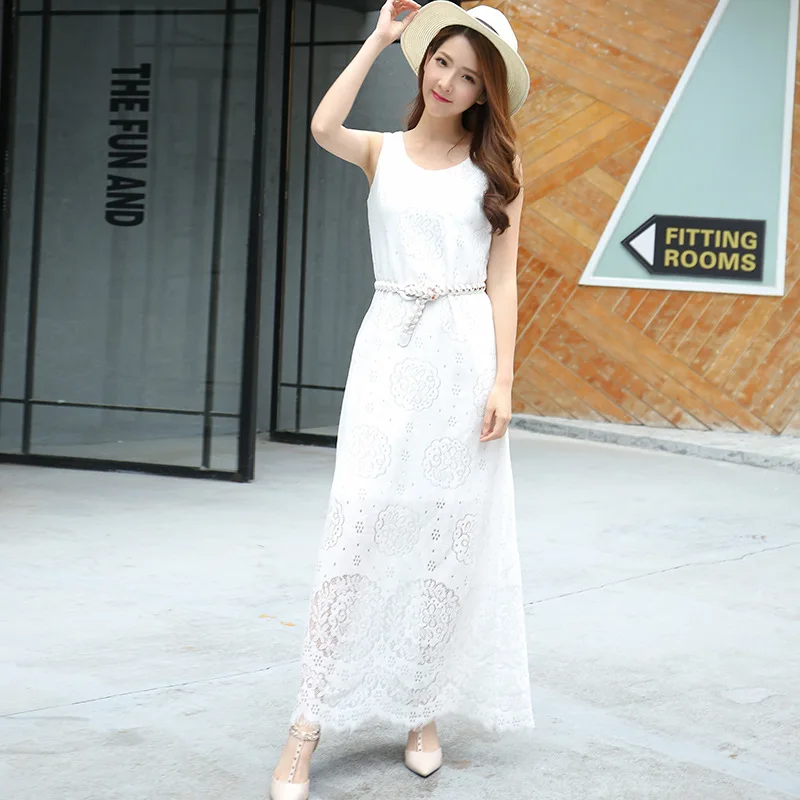 Богемное Новое цветочное кружевное платье без рукавов модное тонкое белое