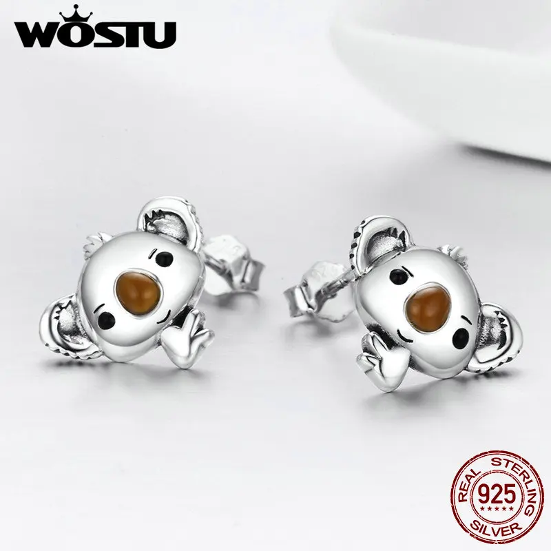 WOSTU подлинные 925 пробы серебряные милые коала серьги в виде медведя для женщин Оригинальные модные серьги, украшения в подарок CQE381