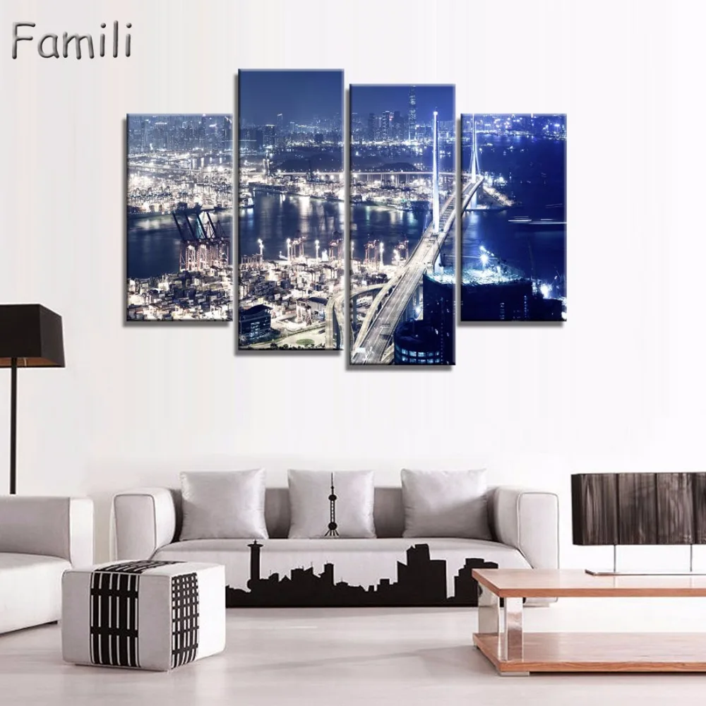 

Unframed 4 Print Canvas Painting city night sky strait bridge Wall Art Picture Bar Cafe Home Decoration Living Room