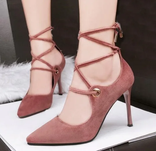 

Sexy Elegant Shoe Summer/Spring Solid Black High Thin Heel Shallow Pointed Toe Lace-up Dress Women Pump Free Ship Zapatos Mujer