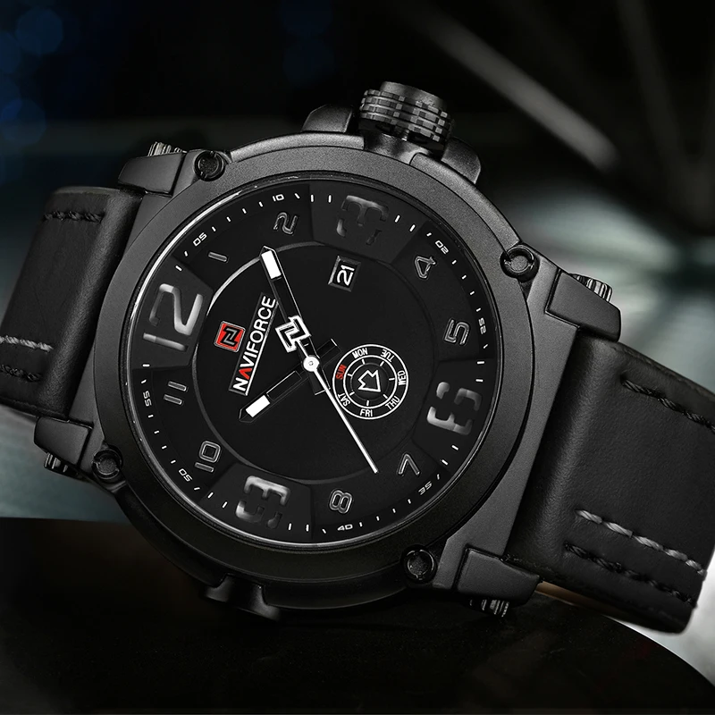Мужские часы NAVIFORCE Militray спортивные кварцевые водонепроницаемые с кожаным