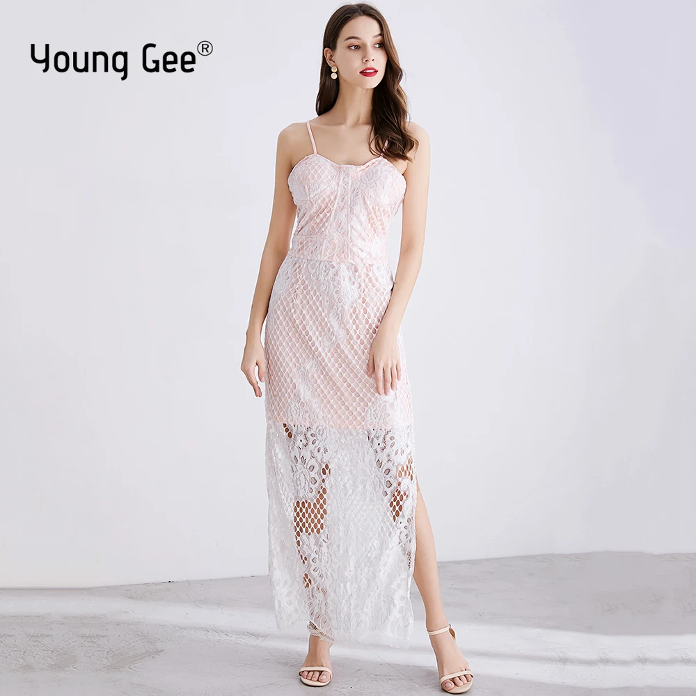 Женское кружевное платье-макси Young Gee Элегантное летнее облегающее платье на