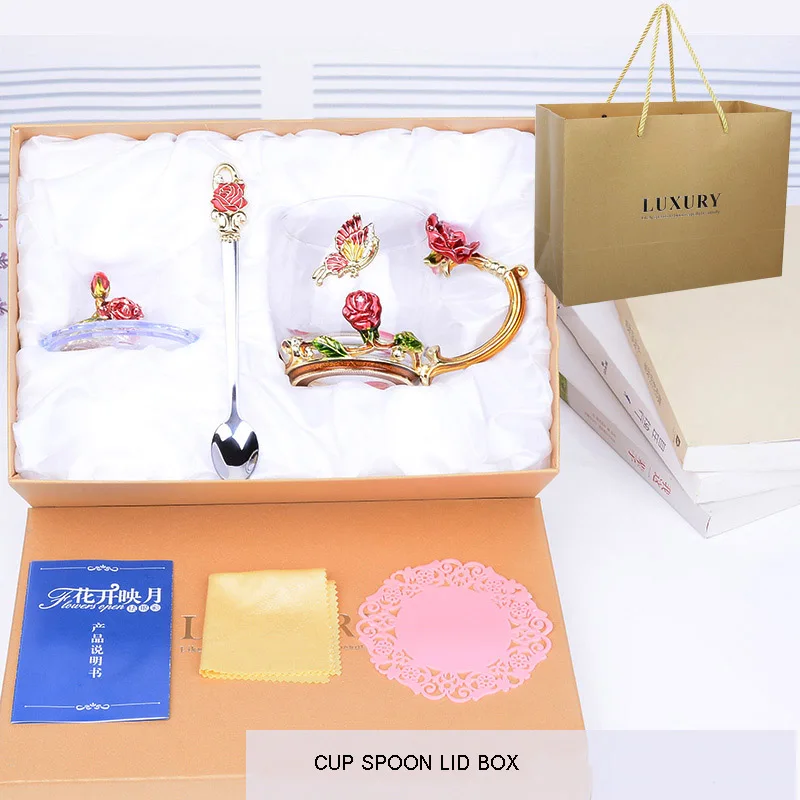 320 cup gift box YRP эмалированная чашка набор термостойкого стекла покрытая чашка креативная мини ароматическая красная роза эмалированная стеклянная кофейная чашка - Цвет: 320 cup gift box