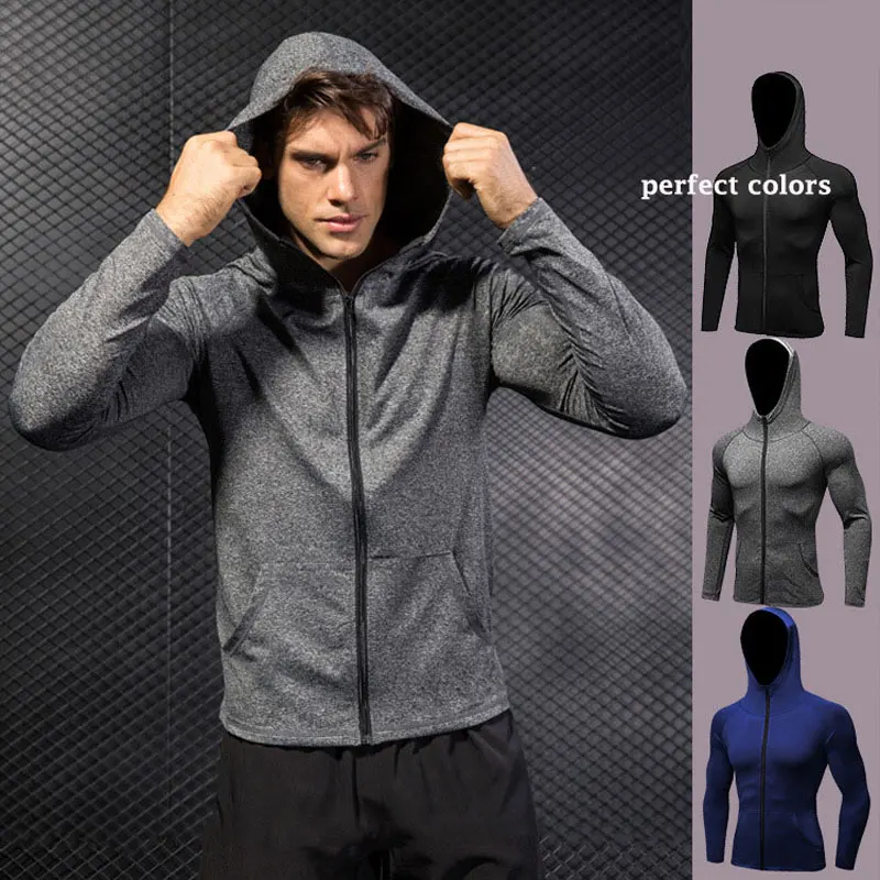 2018 Coolest Hooded Compression Sports Jacket Men Shirt Zipper Gym Clothing Rashgard Sportswear Fitness Black Running T-shirt