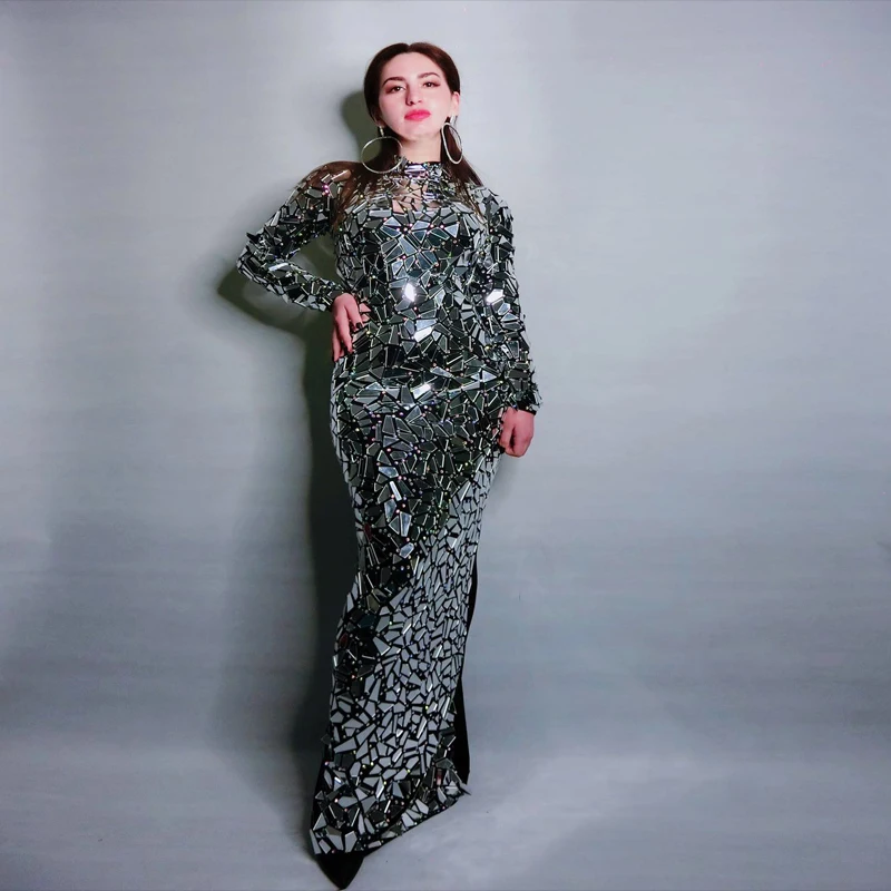 

New Black Silver Mirrors Crystal Sexy Long Dress High-end Birthday Celebration Luxurious Dresses Prom Evening Host Stage Dress