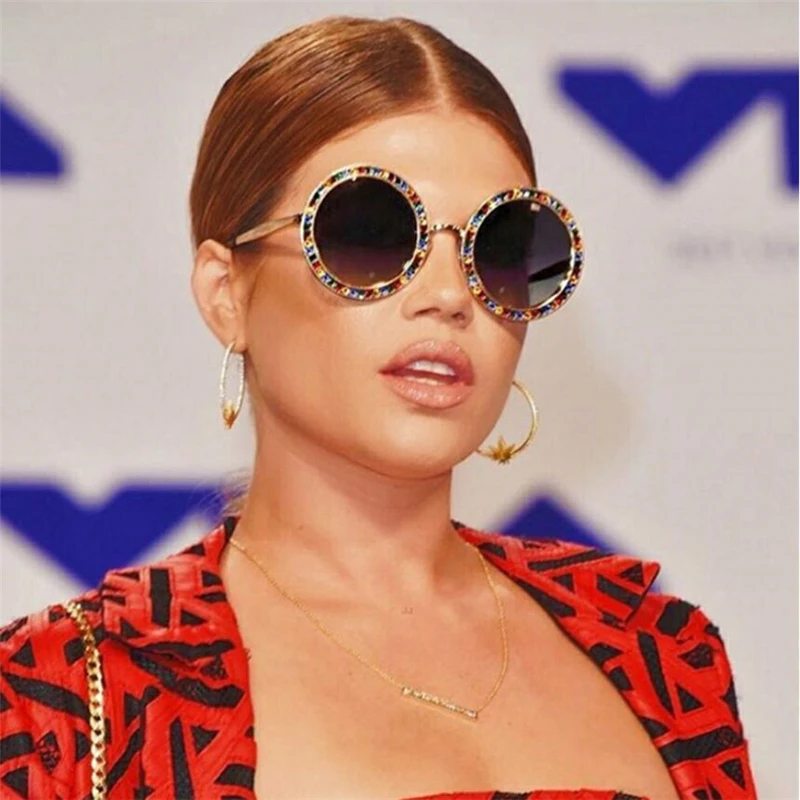 

С круглым носком в ретро стиле с украшением в виде кристаллов женские солнцезащитные очки Брендовая Дизайнерская обувь роскошные стразы со...