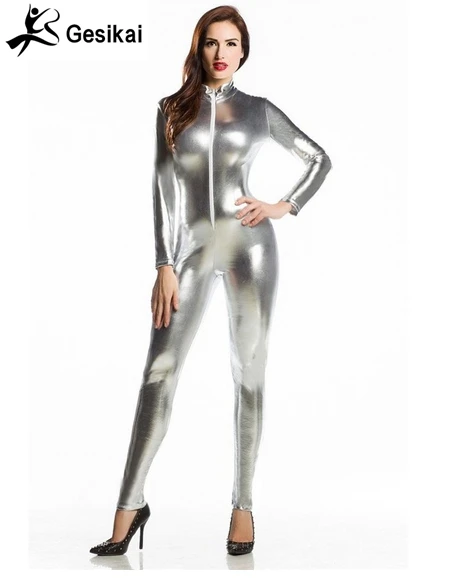 Женский латексный костюм золотистого серебристого красного цвета с блестящими