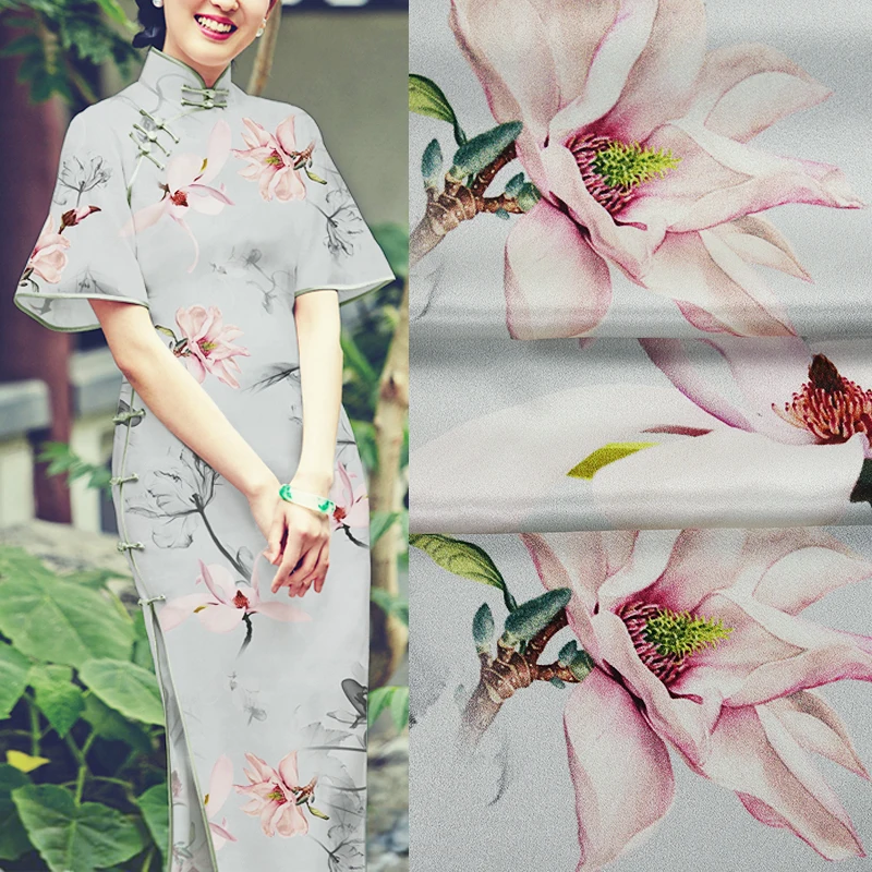

118CM Wide 19MM Pink Peony Floral Print Stretch Gray Silk Satin Fabric Good for Summer Dress Skirt Shirt Pants JH089