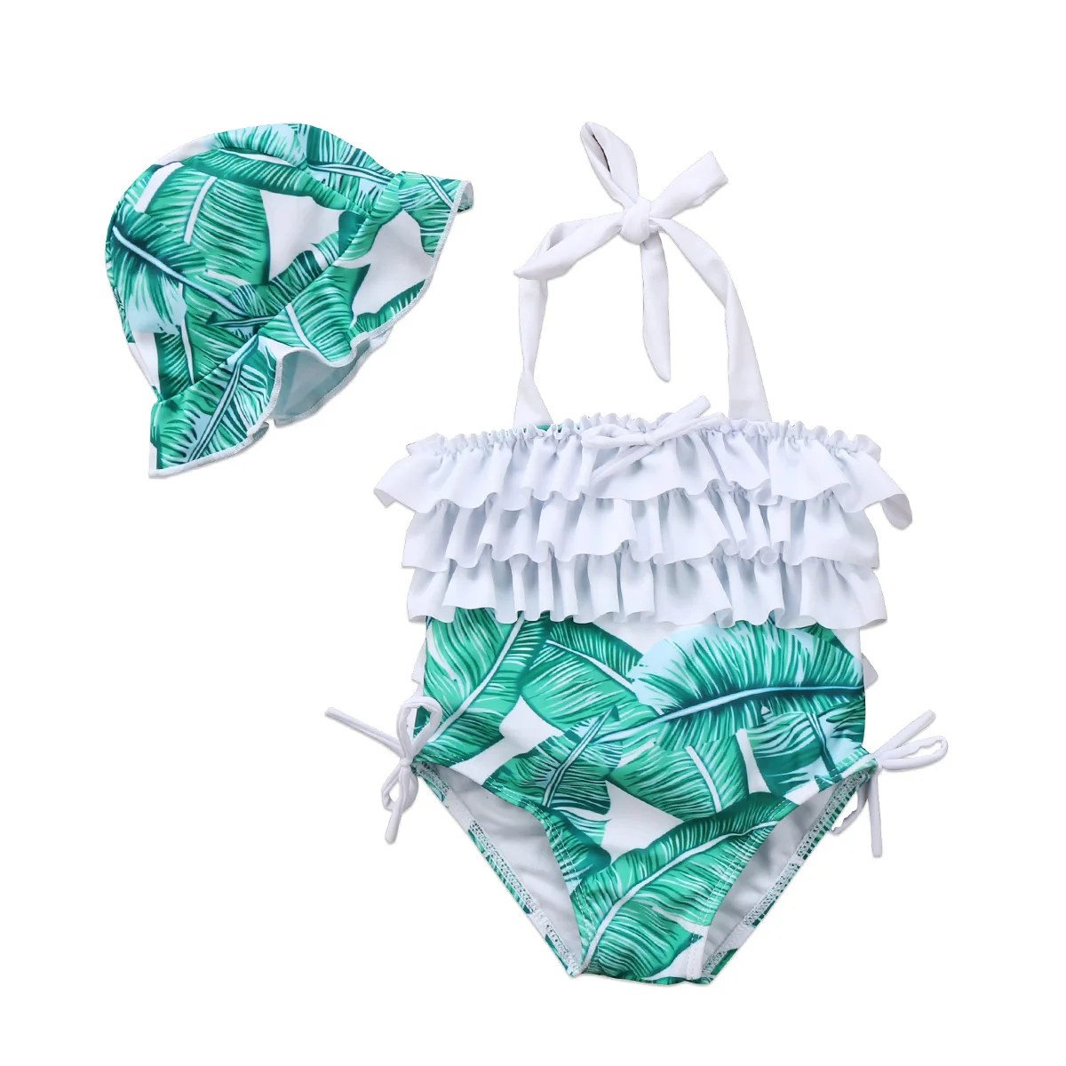

Baby Girl Clothing Palm Leaves Swimwear Swimsuit Halter Cute Backless Hat 2pcs Bikini Set Bathing Suit Girls 6M-5T