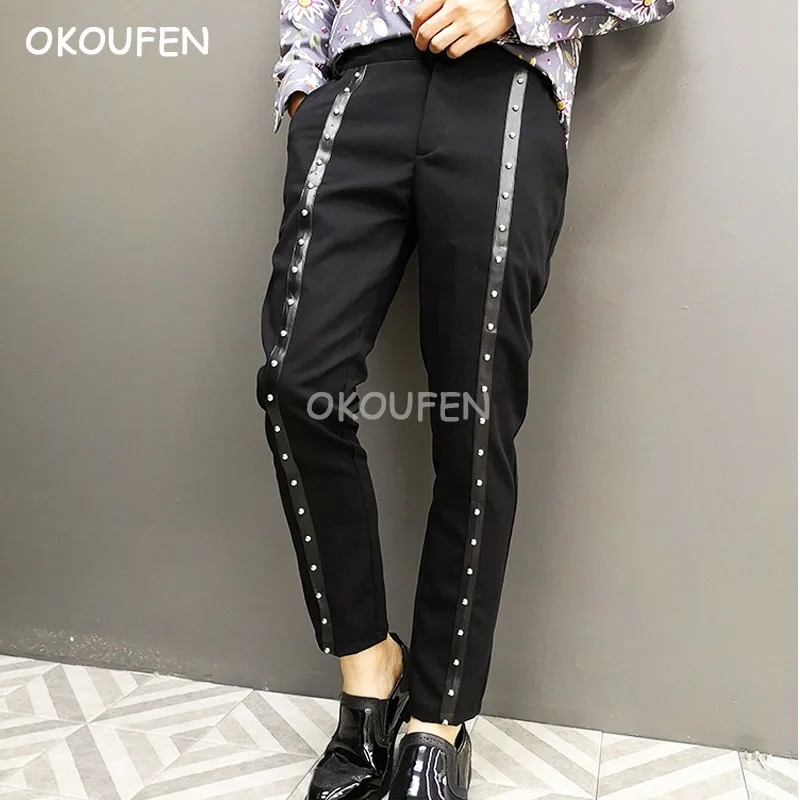 

Black rivets nine feet pants tide men fashion casual pants nightclub singer hair stylist tide pants stage show performance