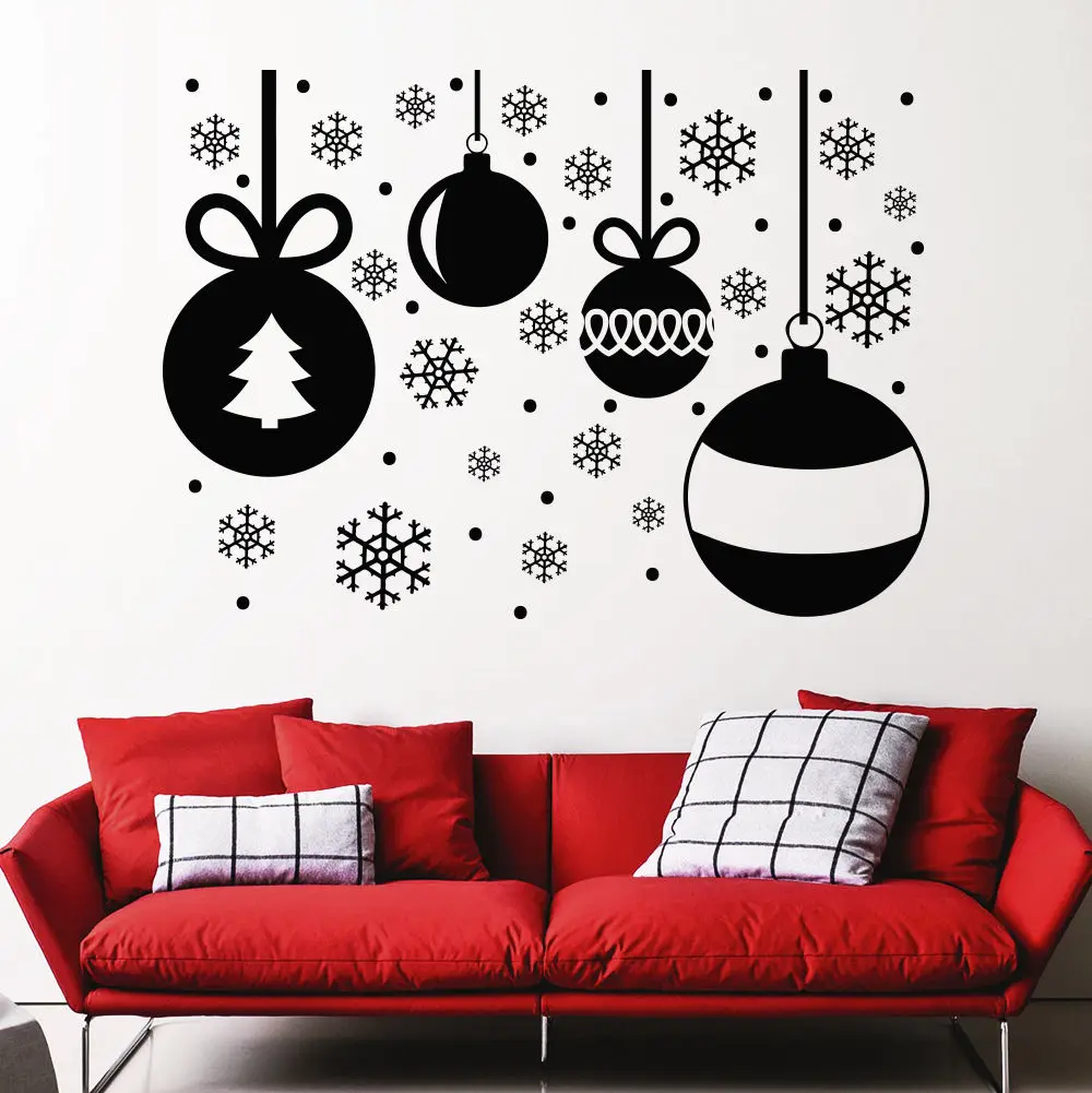 

Christmas Shop Window Home Art Decor Wall Sticker Merry Christmas Removable Wall Mural Christmas Balls Snowflakes Mural D-165