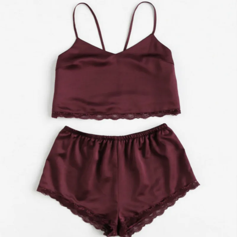 Без рукавов кружевной отделкой Satin Cami and Shorts 2018 новый комплект бордовый с v