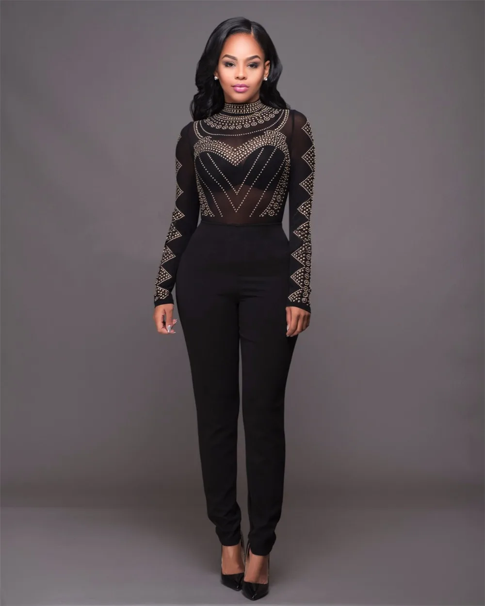 Черные Женщины Горный Хрусталь Смотреть Throuth Комбинезон Ногтей Бисера Mesh